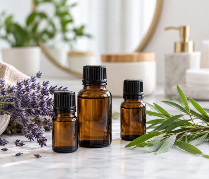 Frascos de aceites esenciales junto a lavanda y hojas de árbol de té