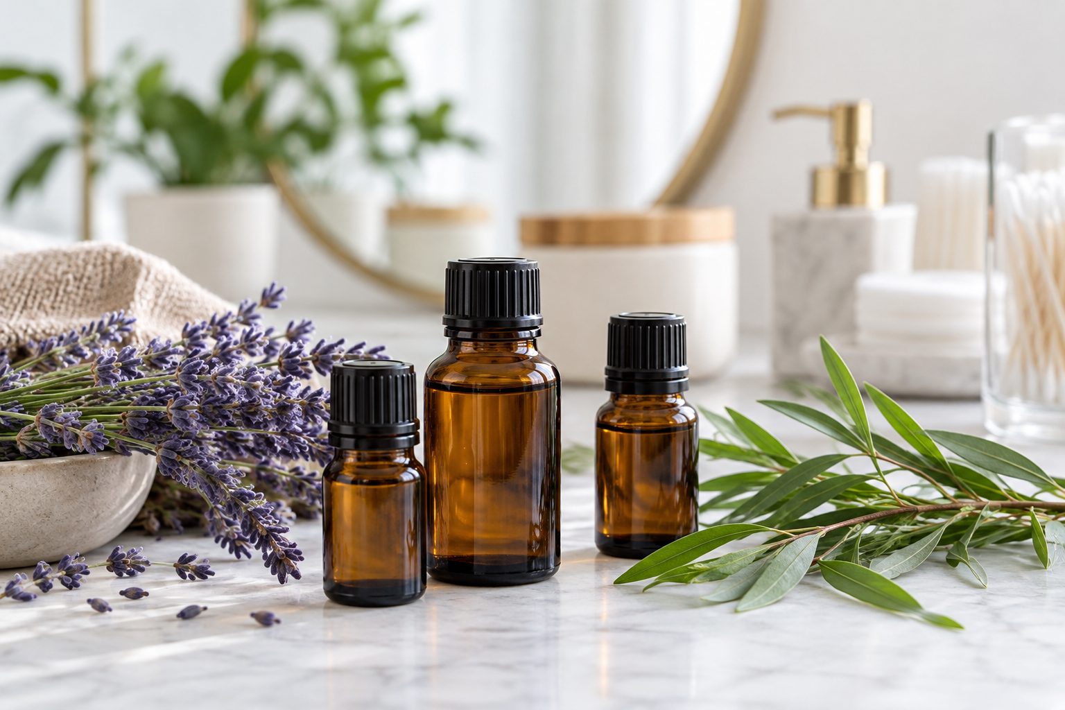 Frascos de aceites esenciales junto a lavanda y hojas de árbol de té