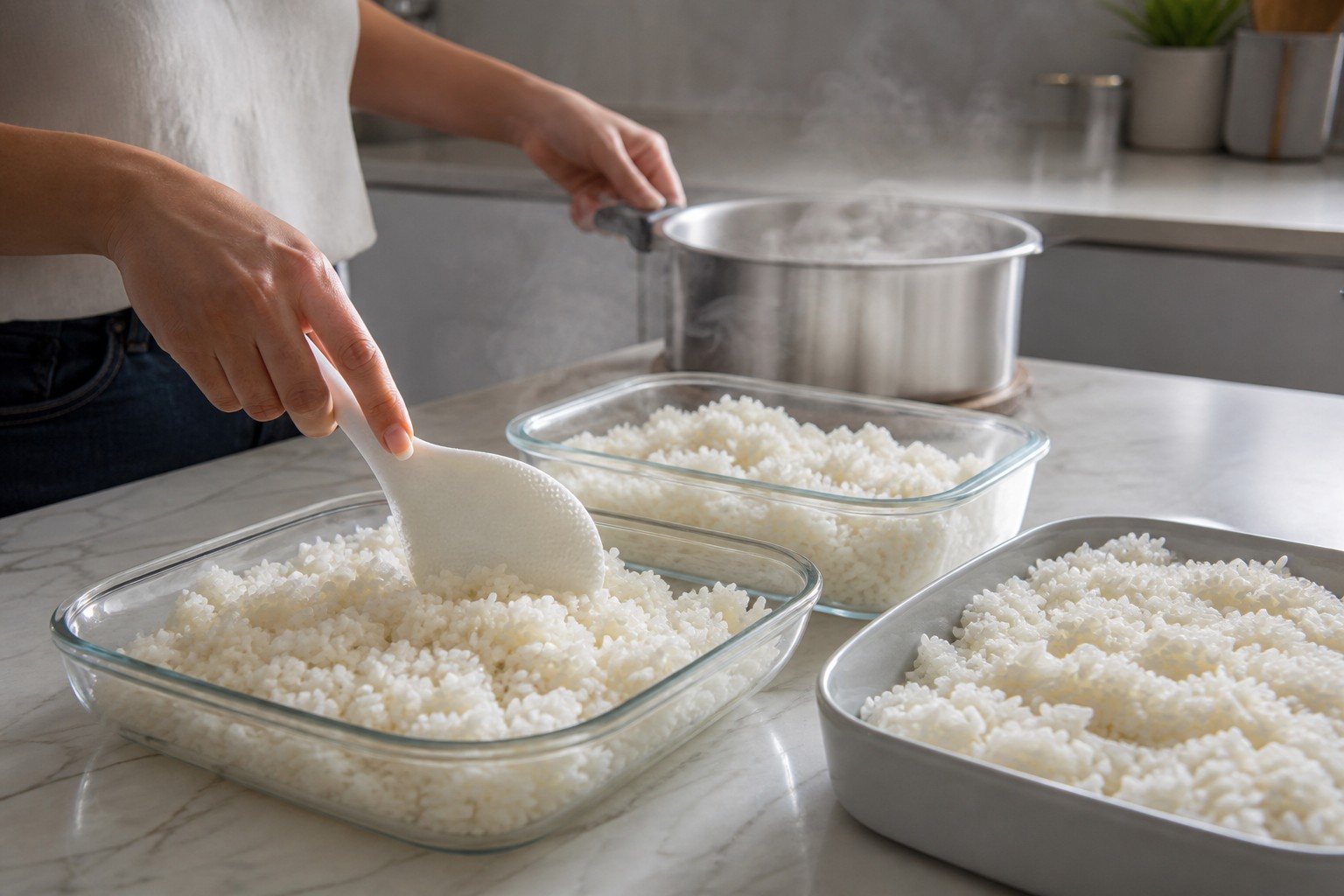 Arroz cocido enfriándose en recipientes poco profundos para conservarlo con seguridad