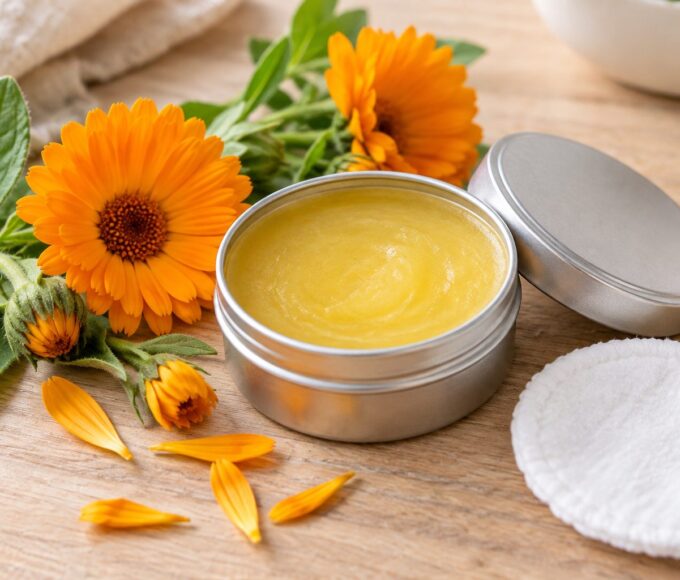 Bálsamo de caléndula junto a flores naranjas y un disco de algodón