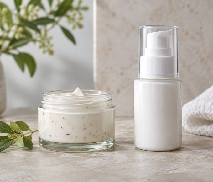 Dos envases cosméticos sin etiqueta junto a una hoja y una toalla