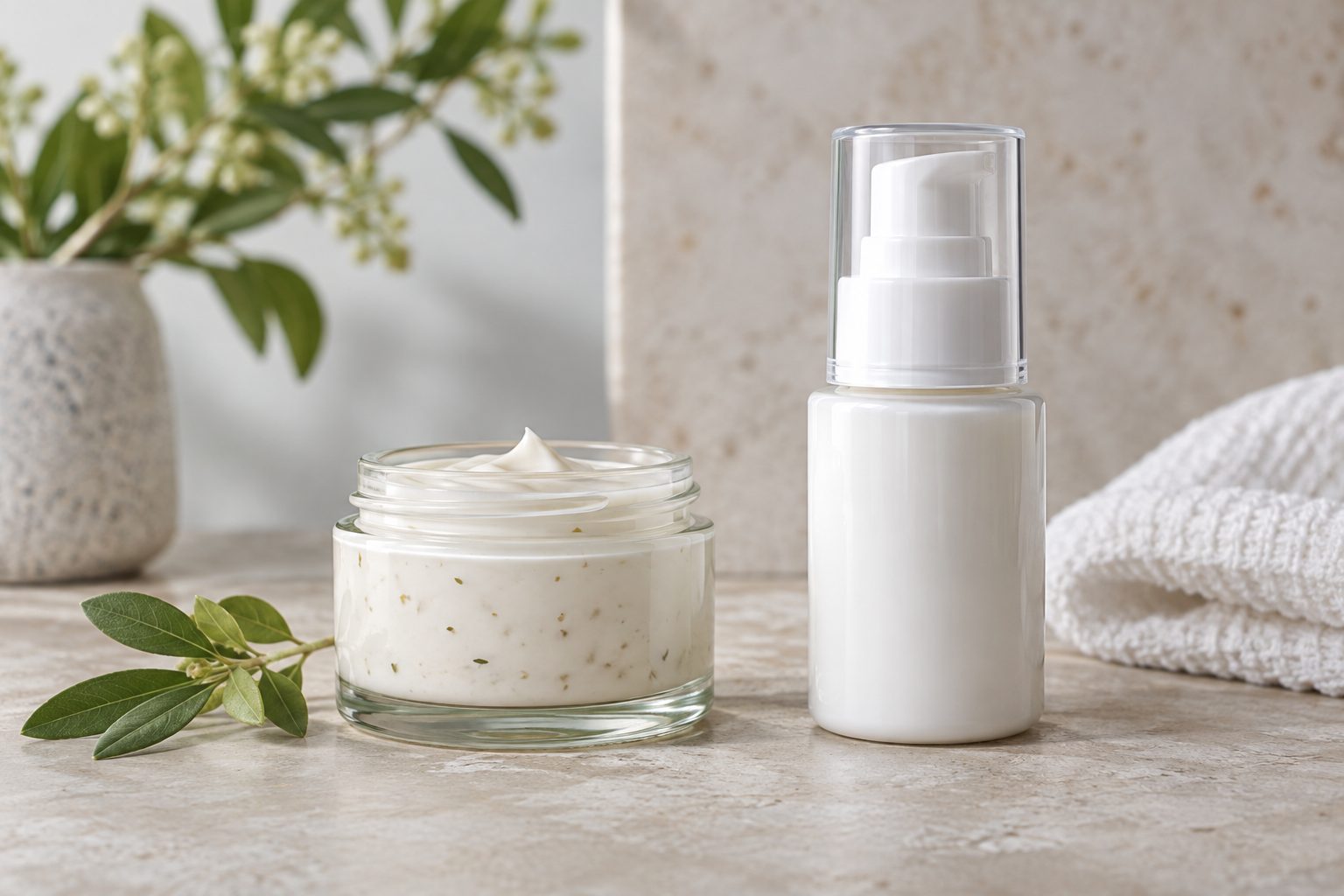 Dos envases cosméticos sin etiqueta junto a una hoja y una toalla