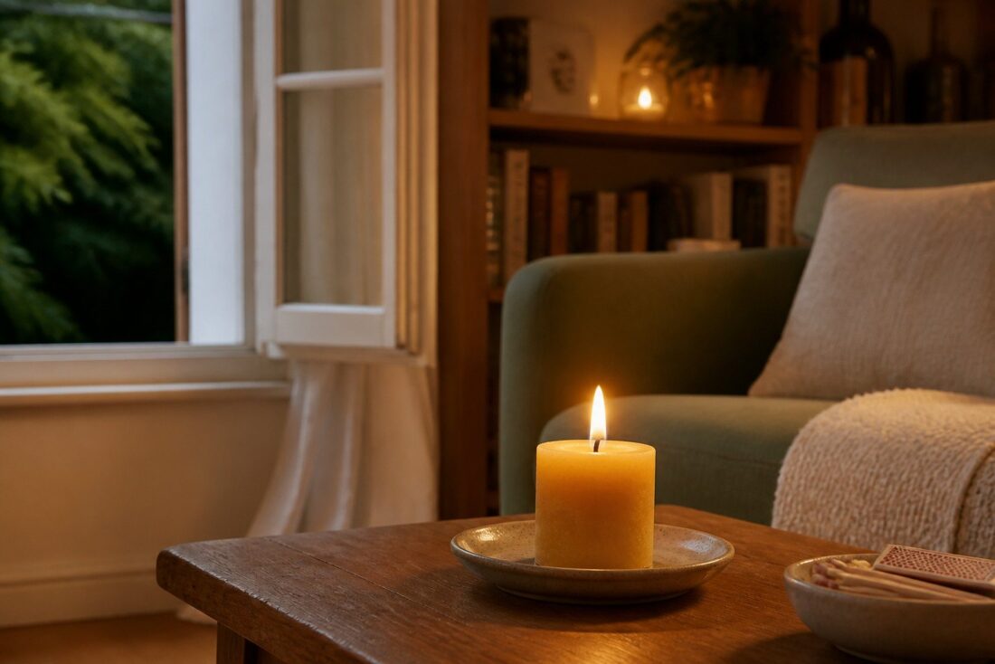 Vela única encendida de forma segura junto a una ventana