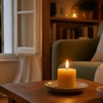 Vela única encendida de forma segura junto a una ventana