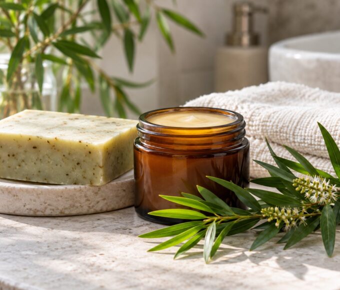 Jabón de árbol de té junto a hojas frescas de melaleuca