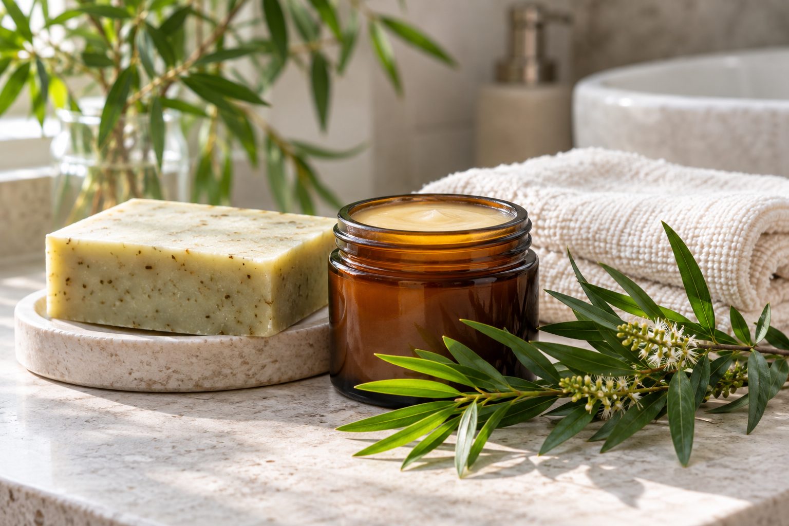 Jabón de árbol de té junto a hojas frescas de melaleuca