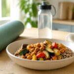 Bol de quinoa con verduras junto a material de entrenamiento