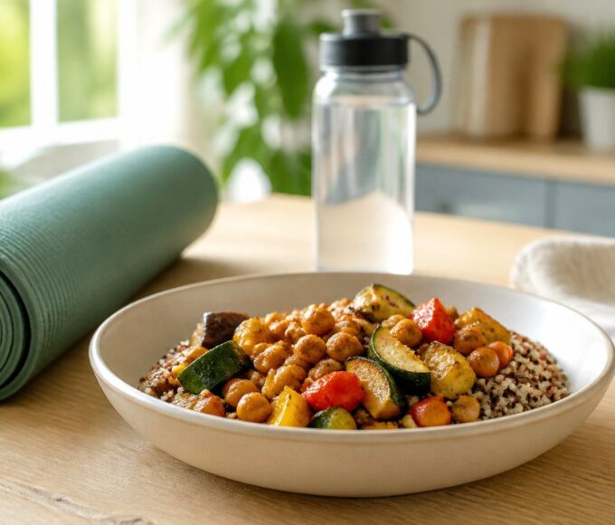 Bol de quinoa con verduras junto a material de entrenamiento