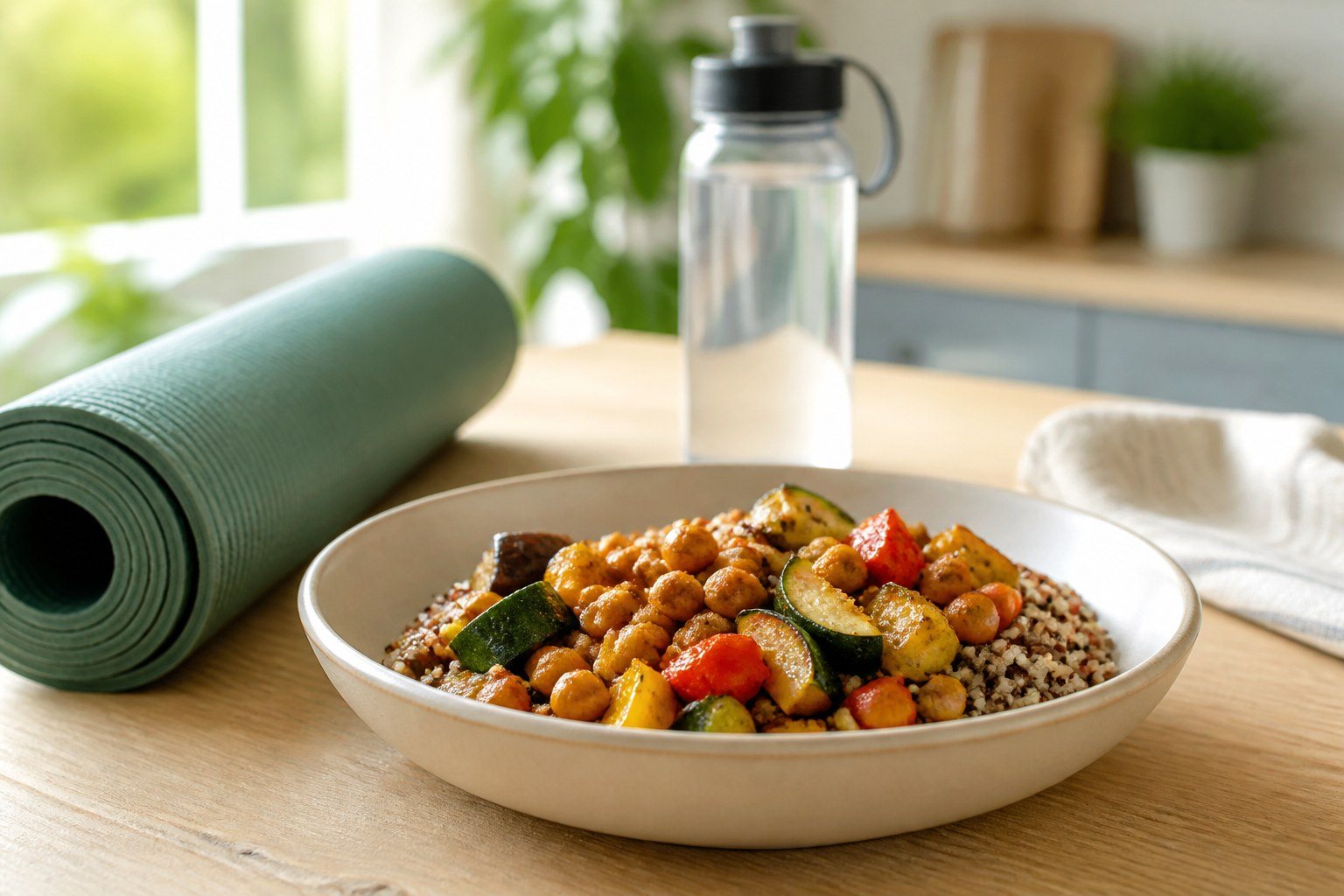 Bol de quinoa con verduras junto a material de entrenamiento
