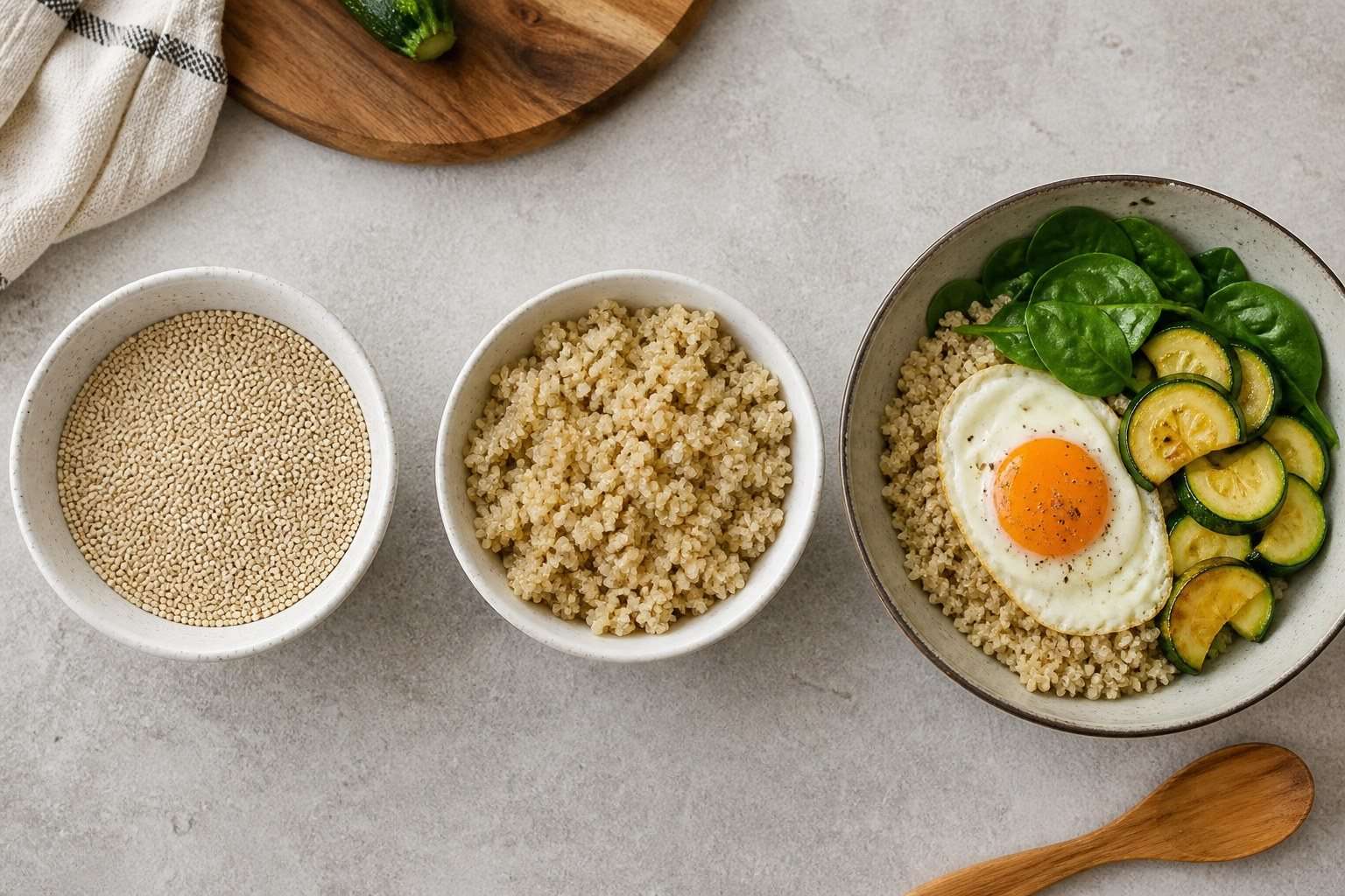 Quinoa seca, cocida y servida en una comida equilibrada