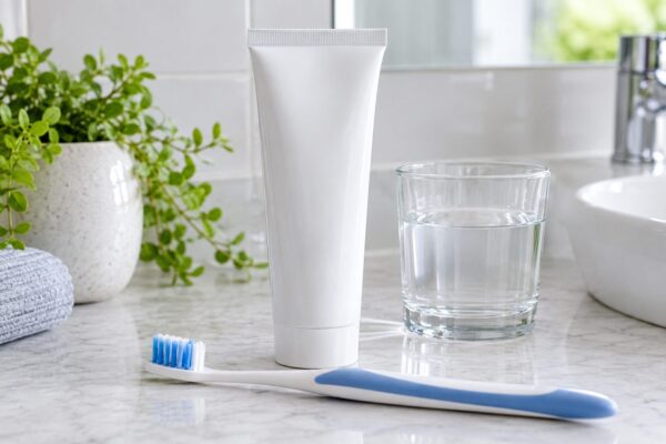Pasta dental sin etiqueta junto a un cepillo y un vaso de agua