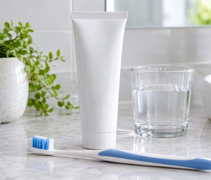 Pasta dental sin etiqueta junto a un cepillo y un vaso de agua